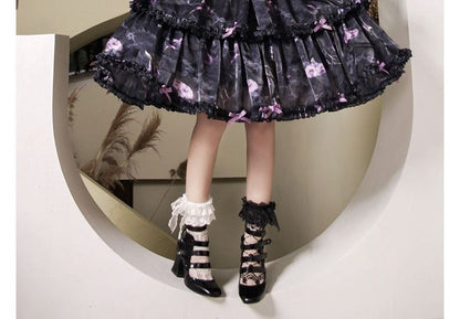 Lolita Long-Sleeve Floral Bow Ruffle Trim Midi A-Line Dress