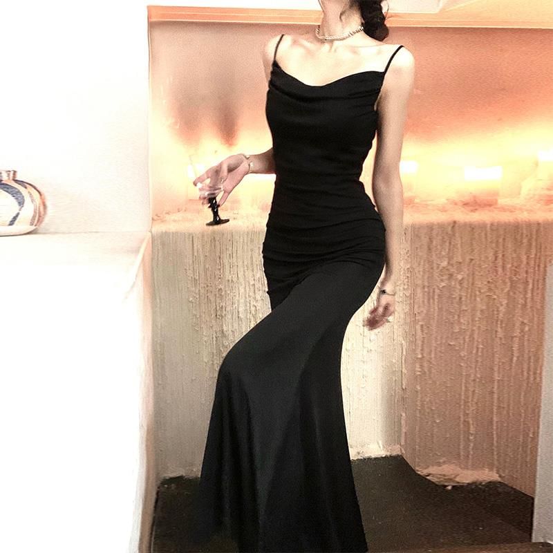 Spaghetti Strap Cowl Neck Plain Mermaid Evening Gown