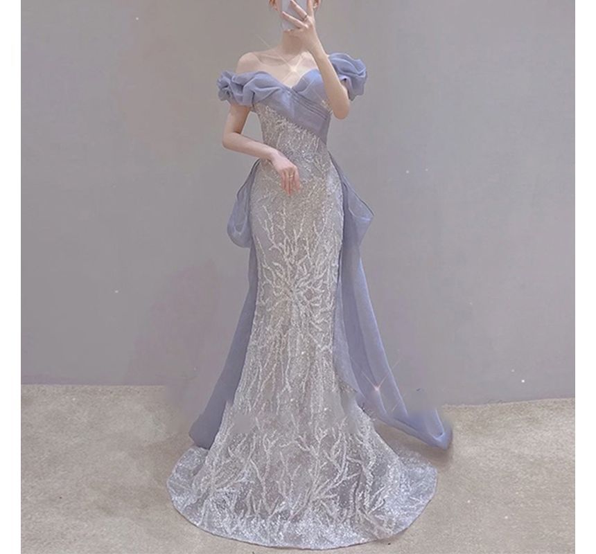 Off Shoulder Trained Mermaid Evening Gown