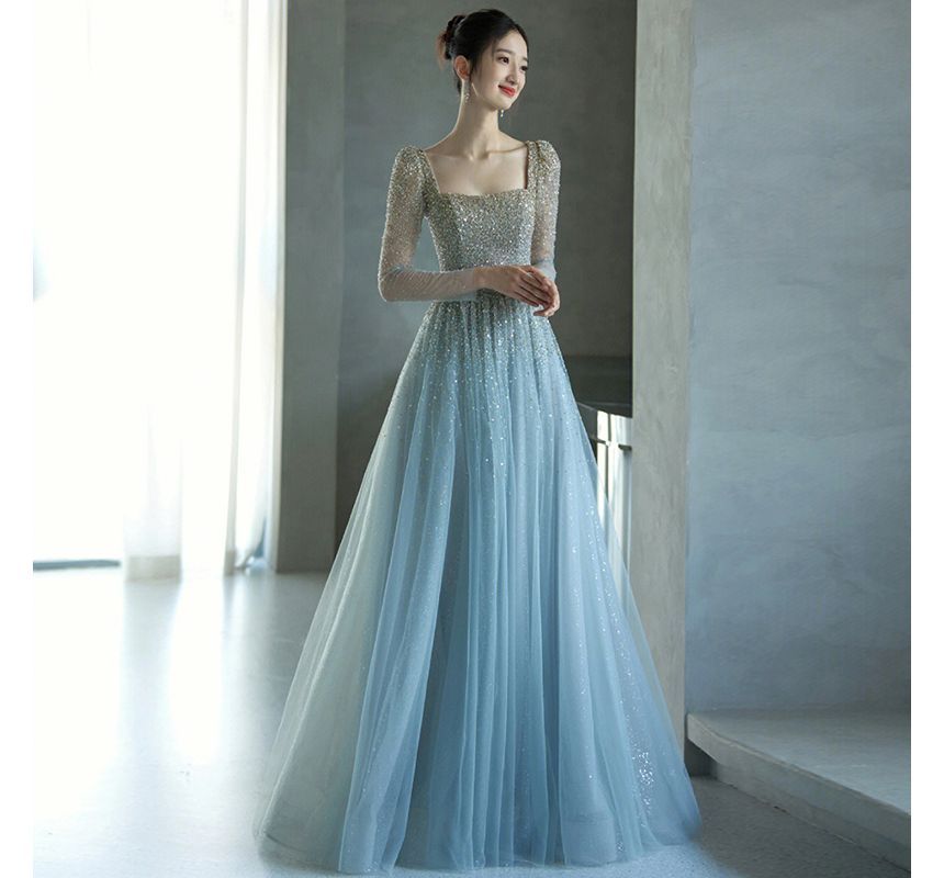 Long-Sleeve Square Neck Mesh A-Line Evening Gown