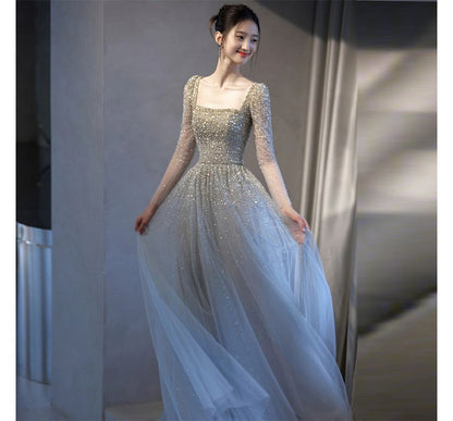 Long-Sleeve Square Neck Mesh A-Line Evening Gown