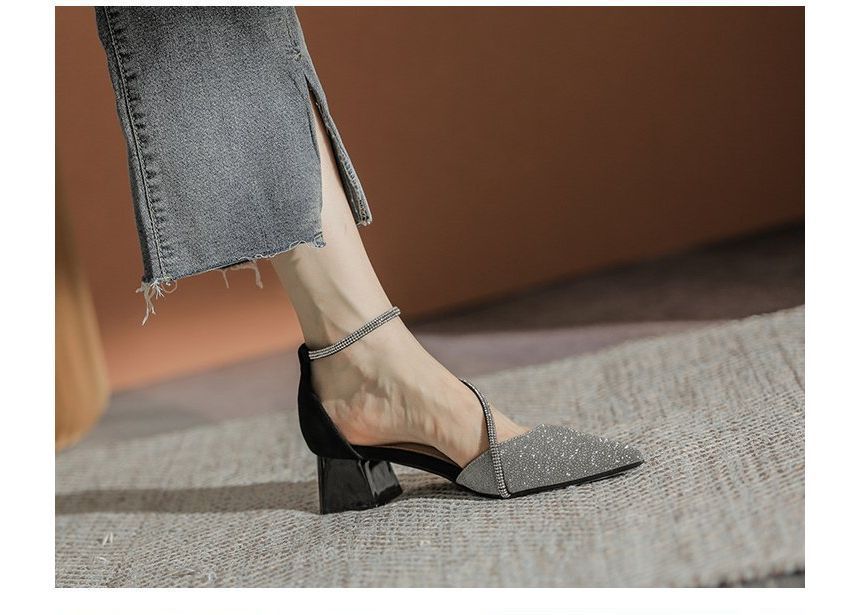 Pointy Sandals Rhinestone Heel Block