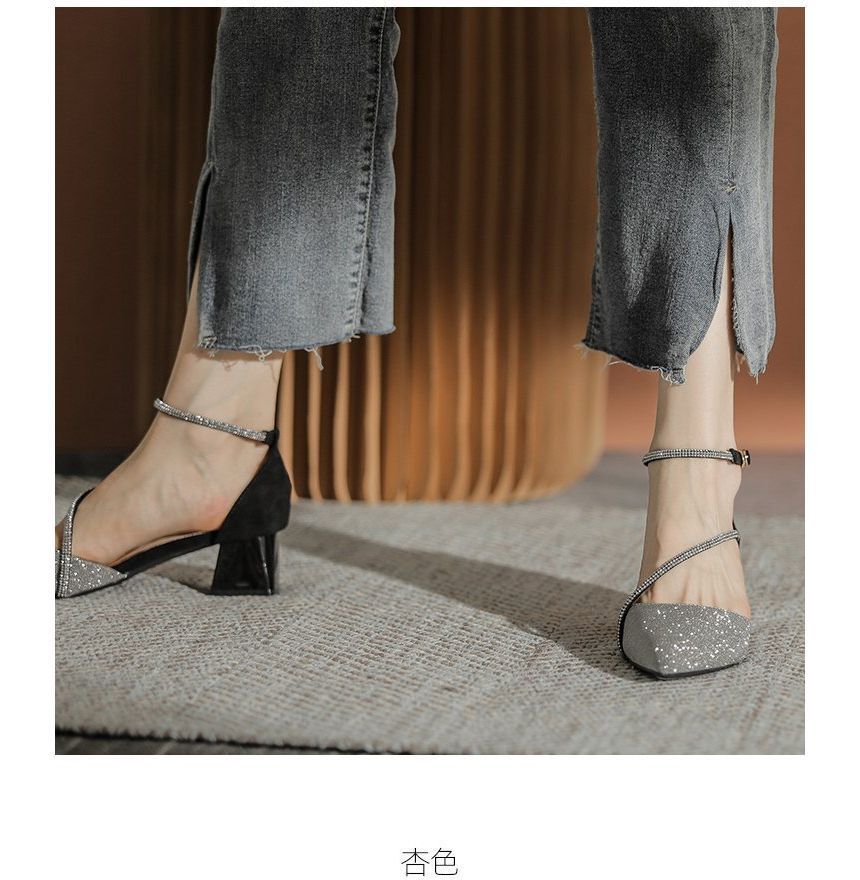 Pointy Sandals Rhinestone Heel Block