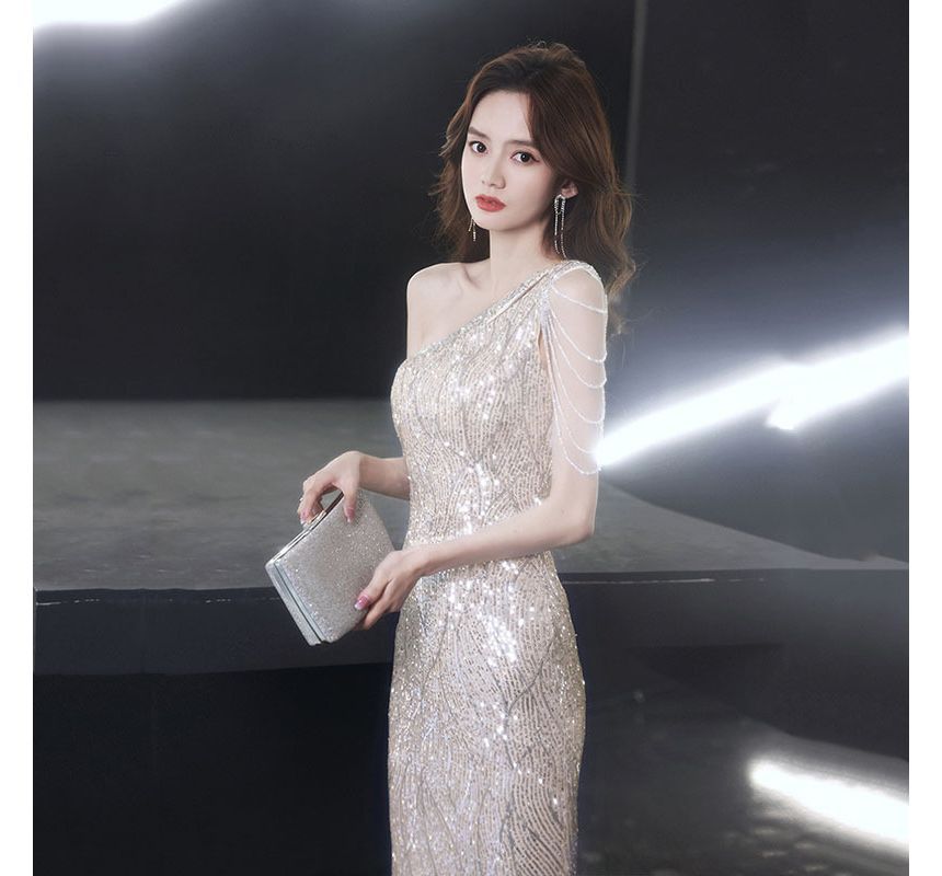 Evening Dress Sequin Mermaid Maxi Sleeveless One-Shoulder