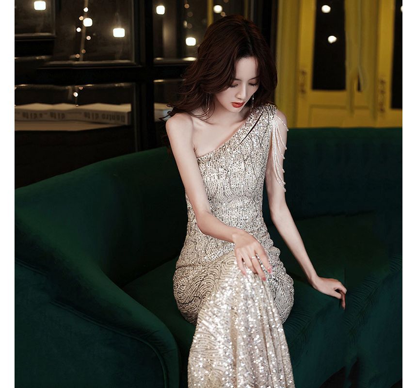 Sleeveless One-Shoulder Sequin Maxi Mermaid Evening Dress