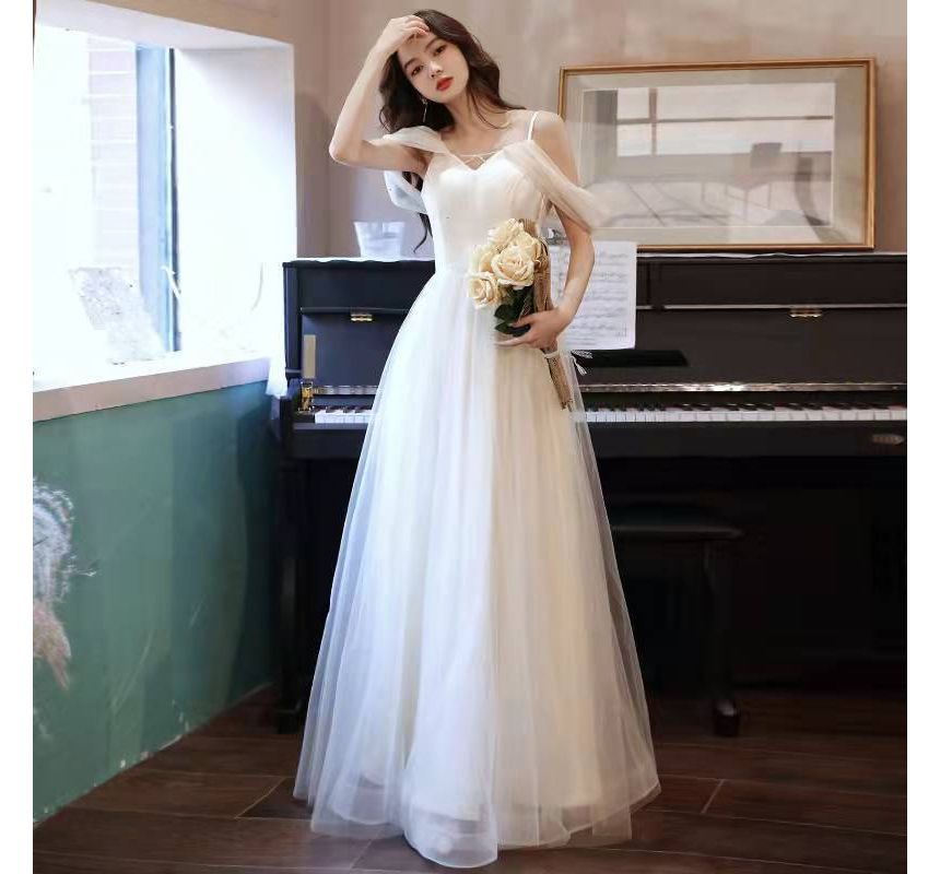 Strap Panel Plain A-Line Evening Gown Spaghetti Mesh