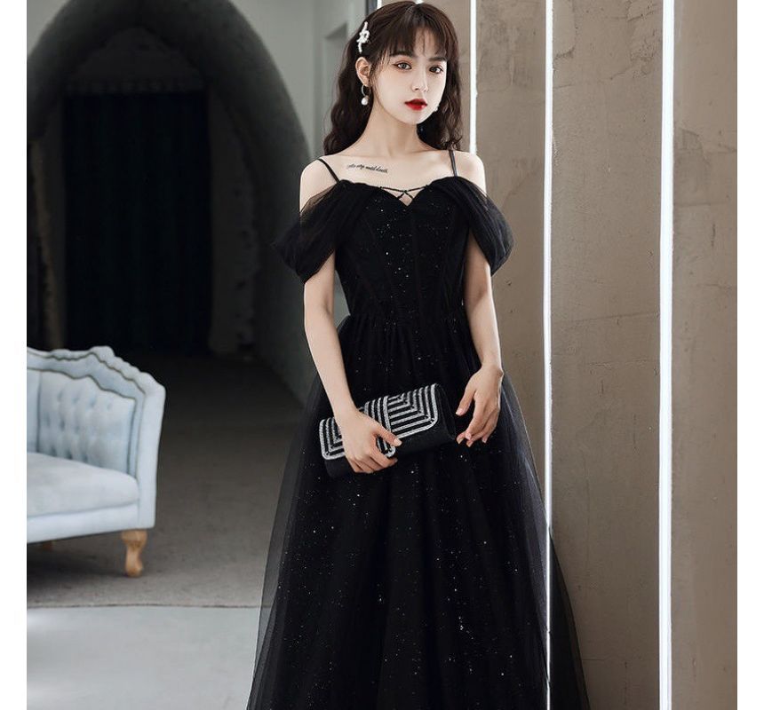 Strap Panel Plain A-Line Evening Gown Spaghetti Mesh