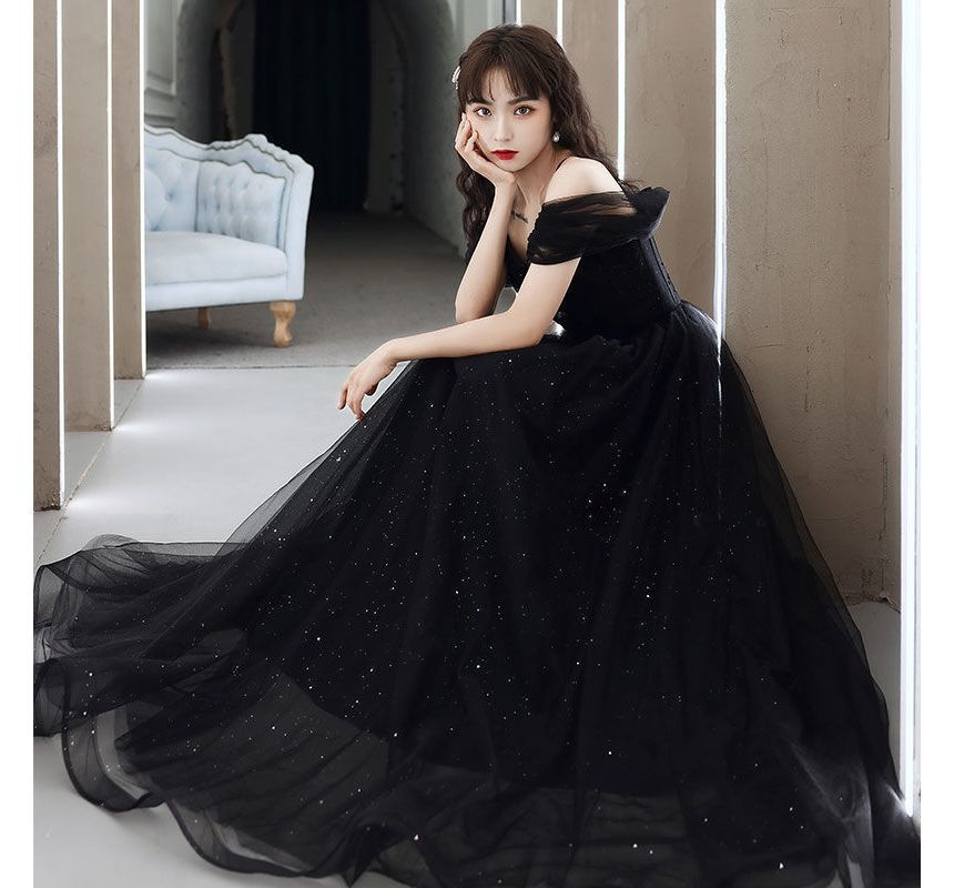 Strap Panel Plain A-Line Evening Gown Spaghetti Mesh