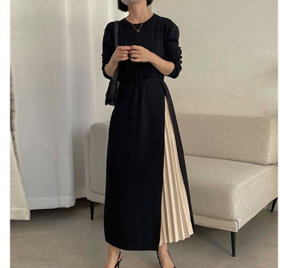 Mock Two-Piece Long-Sleeve Pleated Panel Midi A-Line Knit Dress