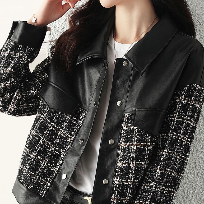 Long-Sleeve Tweed Panel Faux Leather Jacket