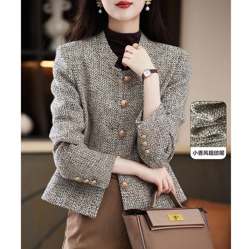Notch Neck Tweed Button Jacket