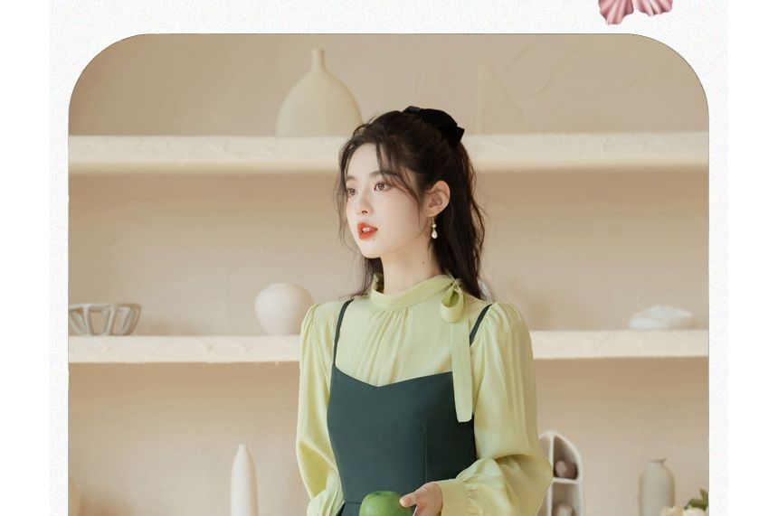 Set: Mock Neck Plain Bow Blouse + Midi Dungaree Dress