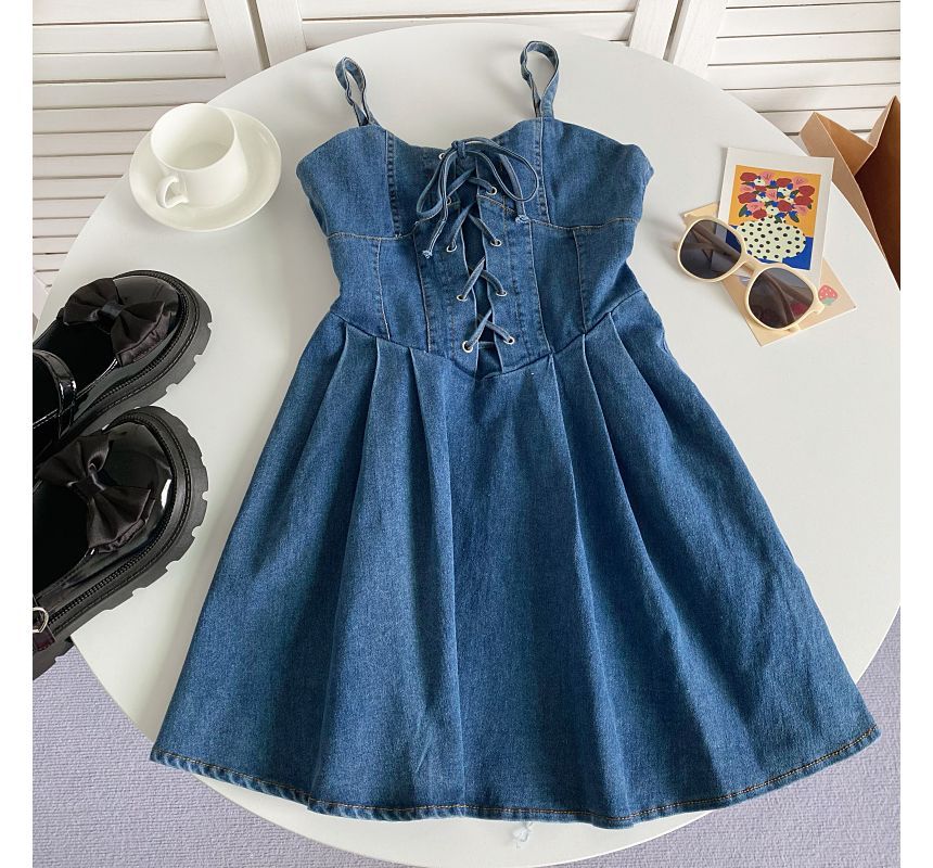 Spaghetti Strap Plain Lace-Up Denim Mini A-Line Dress