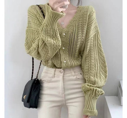 V-Neck Plain Pointelle Knit Cardigan