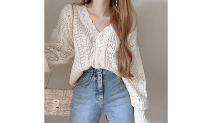 V-Neck Plain Pointelle Knit Cardigan