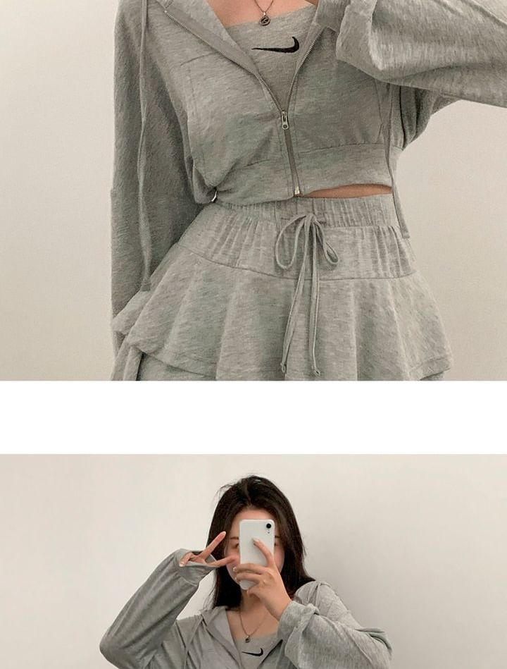 Set: Plain Crop Zip Hoodie + Drawstring Waist Tiered Mini A-Line Skirt