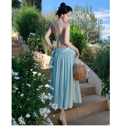 Spaghetti Strap Plain Open Back Midi A-Line Sundress