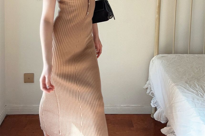 Sheath Short-Sleeve Dress Knit Midi Plain Polo