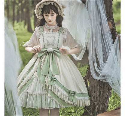 Lolita Flower Embroidered Lace Trim Bow Dungaree Dress / A-Line Skirt / Socks / Set