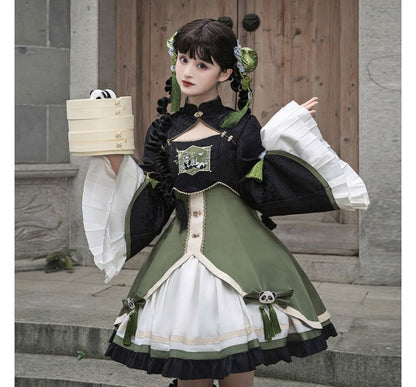 Lolita Flared-Sleeve Panda Embroidered Cropped Blouse / Two Tone Bow Pinafore Dress / Ruffle Leg Warmers / Set