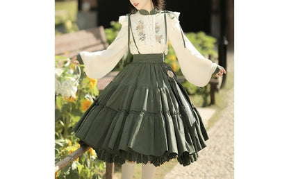 Flower Embroidered Lace Trim Lolita Blouse / Midi Jumper Dress / Set