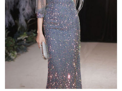 Puff-Sleeve Sequined Rhinestone Mermaid Evening Gown