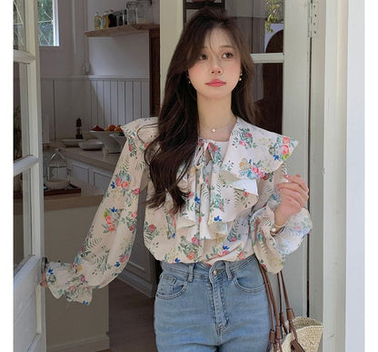 Puff-Sleeve Floral Print Ruffled Drawstring Blouse