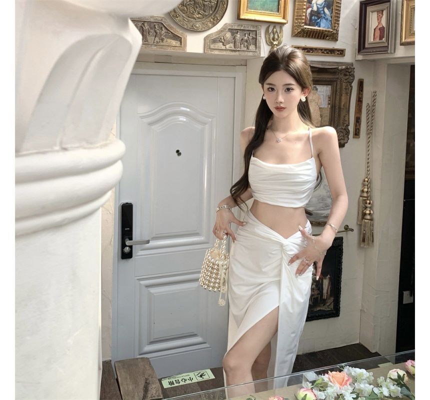 Plain Twist Waist Set: Crop High-Low Slit A-Line Camisole + Skirt Top High Ruched