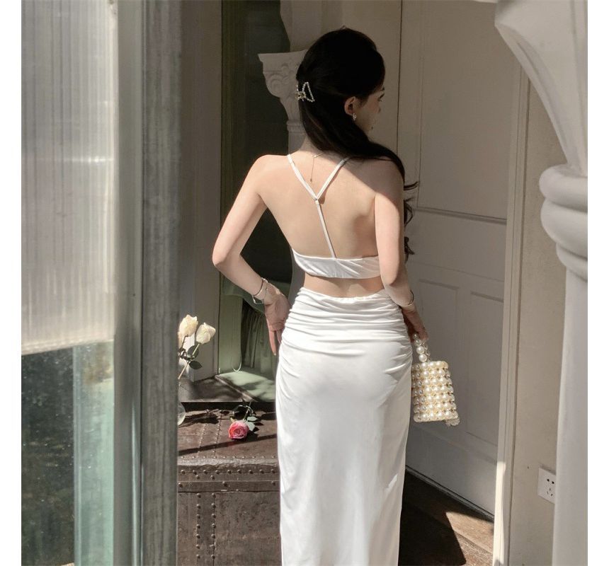 Plain Twist Waist Set: Crop High-Low Slit A-Line Camisole + Skirt Top High Ruched