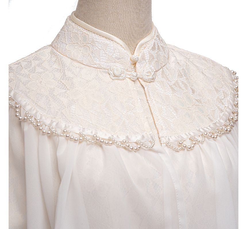 Set: Short-Sleeve Lace Midi Qipao + Faux Pearl Capelet