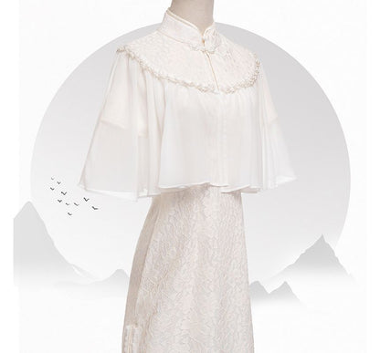 Set: Short-Sleeve Lace Midi Qipao + Faux Pearl Capelet