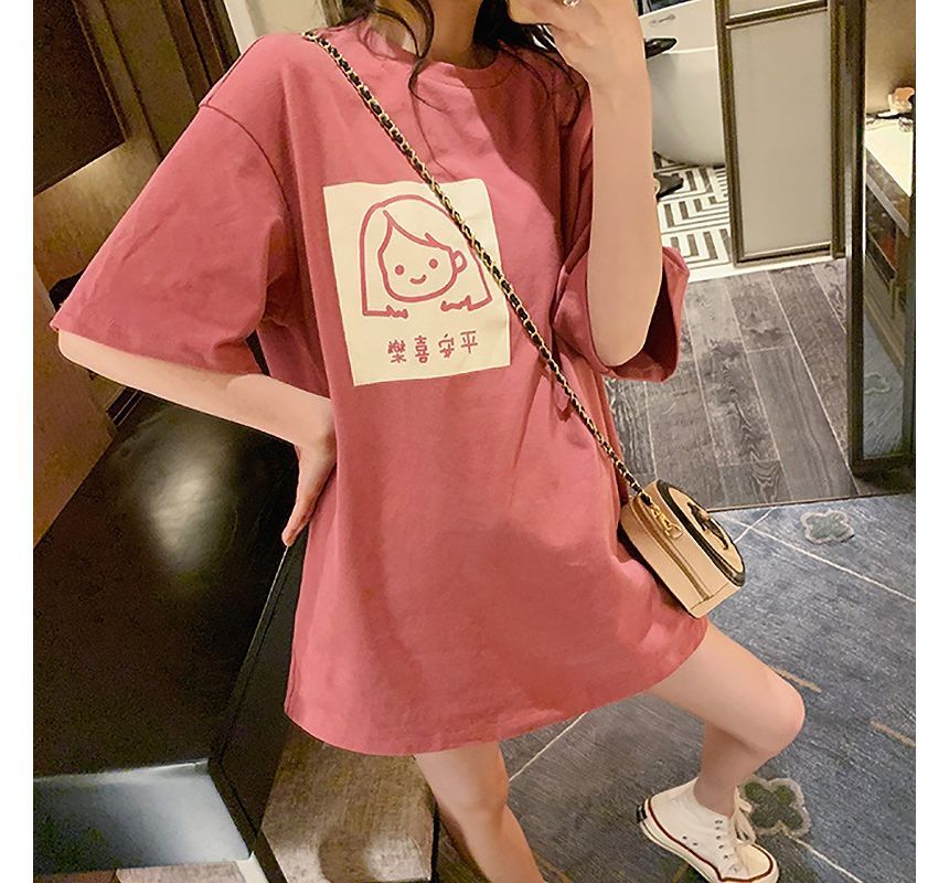 Cartoon Neck Elbow-Sleeve Print Crew T-Shirt