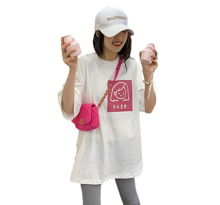 Cartoon Neck Elbow-Sleeve Print Crew T-Shirt