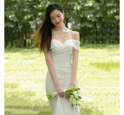 Short-Sleeve Off Shoulder Plain Ruched Mermaid Wedding Gown