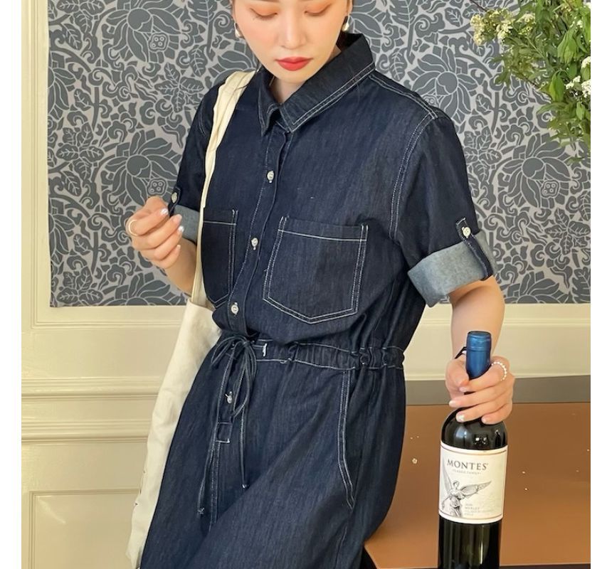 Roll-Sleeve Denim Midi Shirt Dress