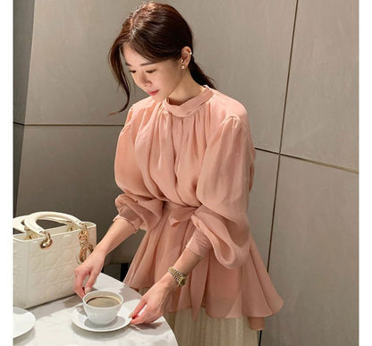 Puff-Sleeve Plain Tie-Front Shirred Blouse