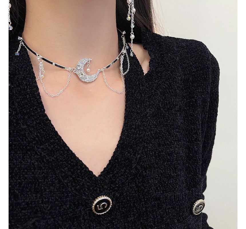 Alloy Star / Fringed Moon Choker Earring