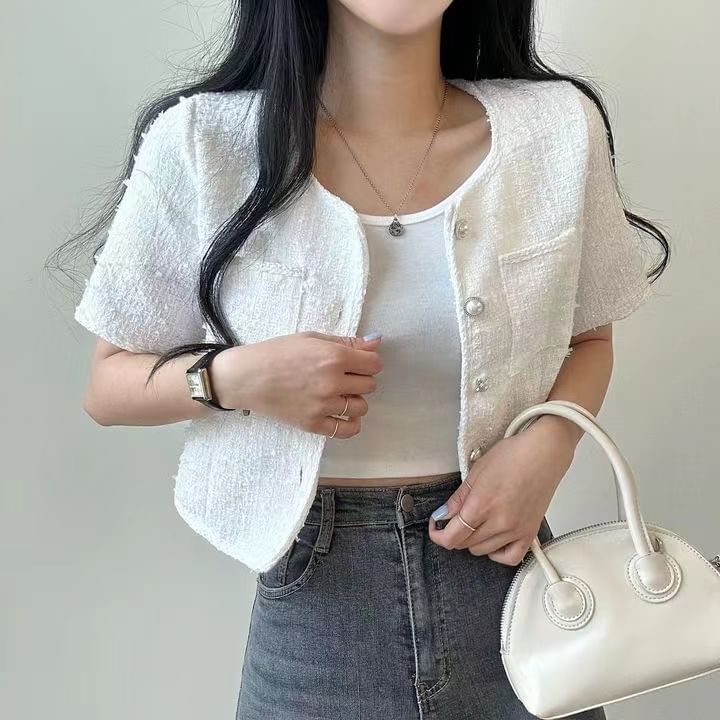 Short Sleeve Single Breasted Tweed Crop Blazer