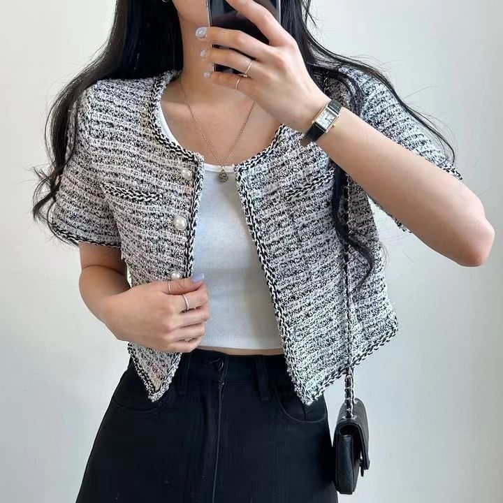 Short Sleeve Single Breasted Tweed Crop Blazer