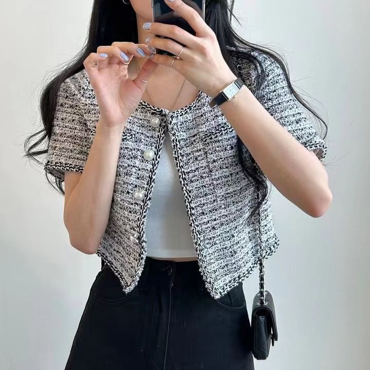 Short Sleeve Single Breasted Tweed Crop Blazer