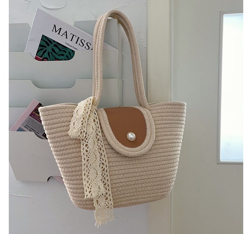 Faux Pearl Buttoned Woven Tote Bag