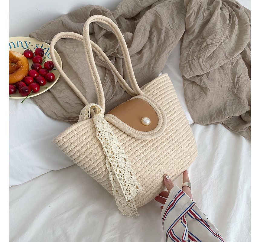 Faux Pearl Buttoned Woven Tote Bag