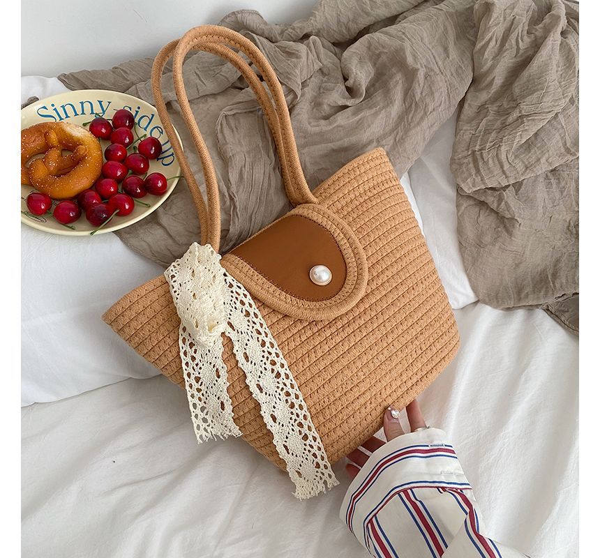 Faux Pearl Buttoned Woven Tote Bag