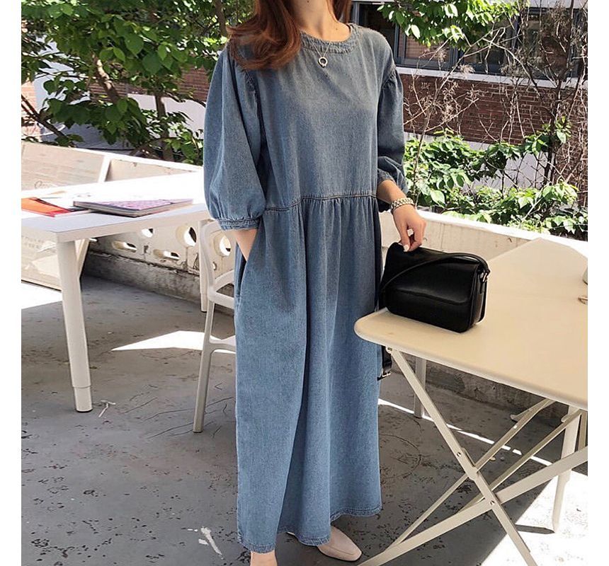 3/4-Sleeve Round Neck Plain Washed Denim Midi Dress