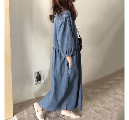 3/4-Sleeve Round Neck Plain Washed Denim Midi Dress