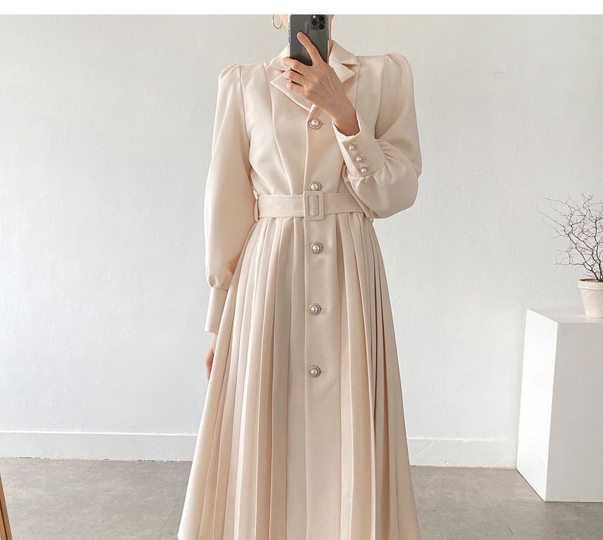 Long-Sleeve Notch Lapel Faux Pearl Button Pleated Midi A-Line Dress