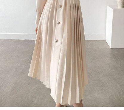 Long-Sleeve Notch Lapel Faux Pearl Button Pleated Midi A-Line Dress