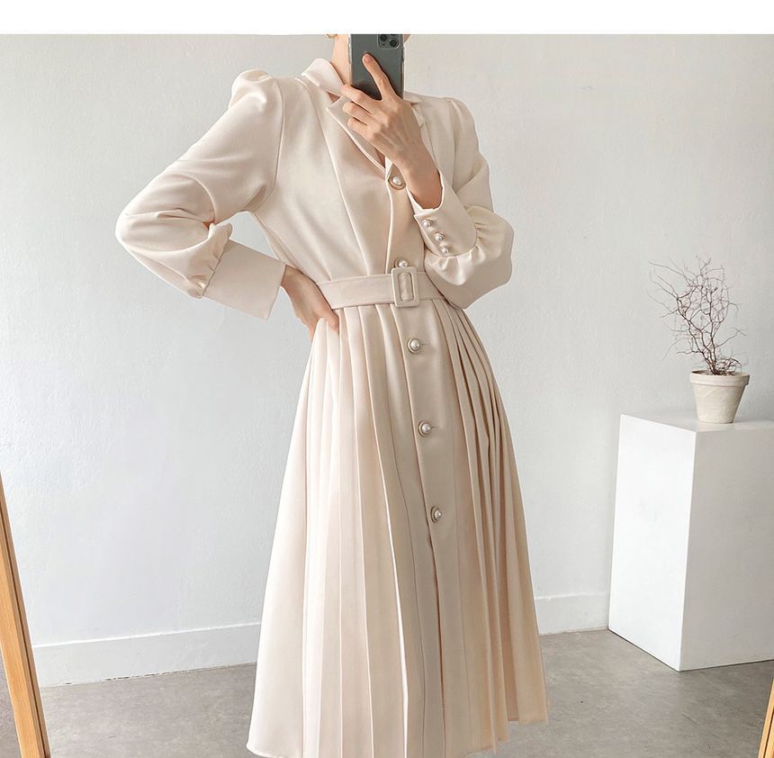 Long-Sleeve Notch Lapel Faux Pearl Button Pleated Midi A-Line Dress