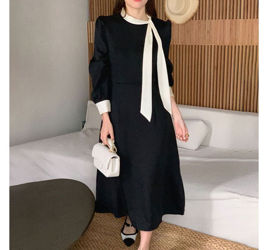 Long-Sleeve Tie-Neck Contrast Trim Midi A-Line Dress