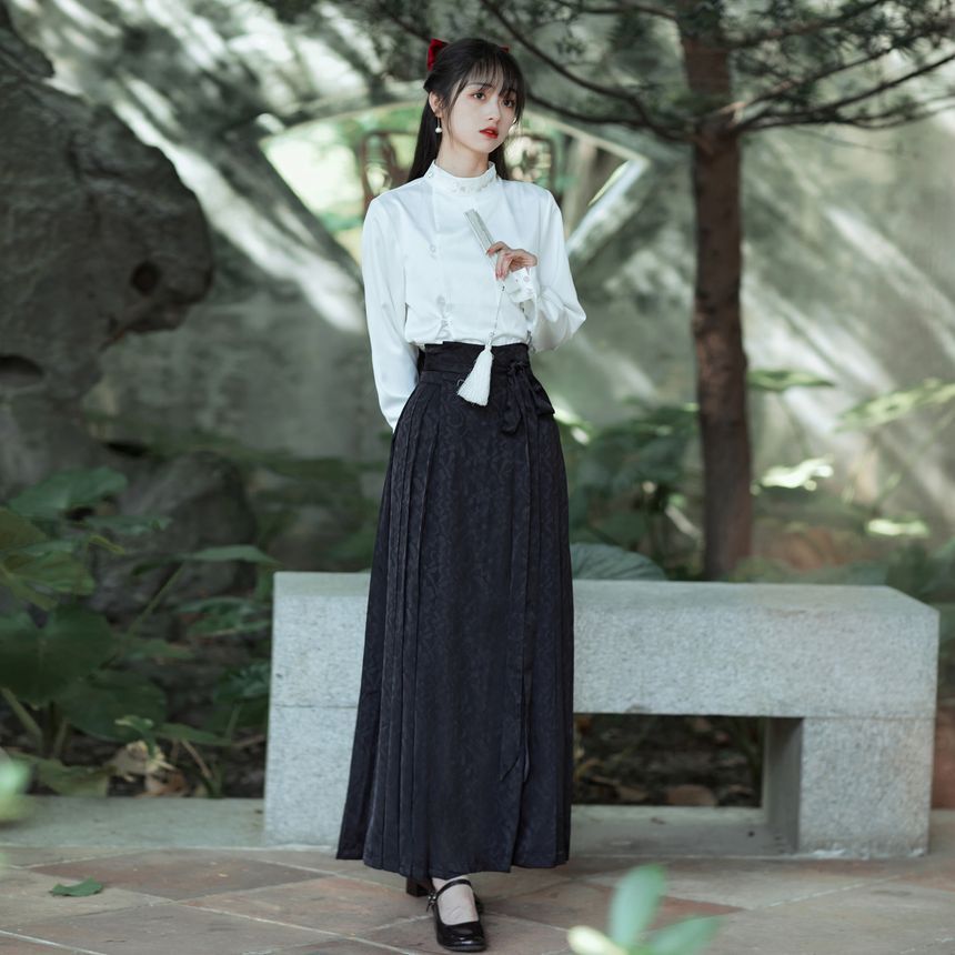 Long-Sleeve Stand Collar Embroidered Blouse / Tie-Waist Pleated Maxi A-Line Skirt